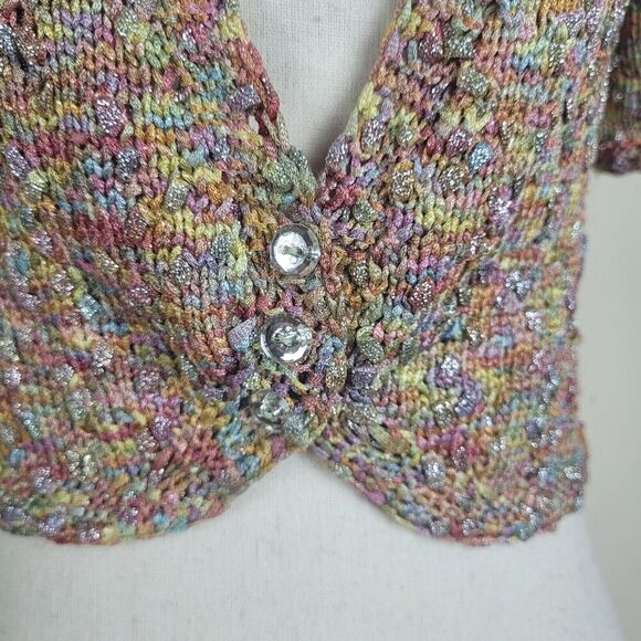 Cecile Benac Sweater Womens Large Colorful Metallic Hand Knit Crop Boho Cardigan - Picture 6 of 9